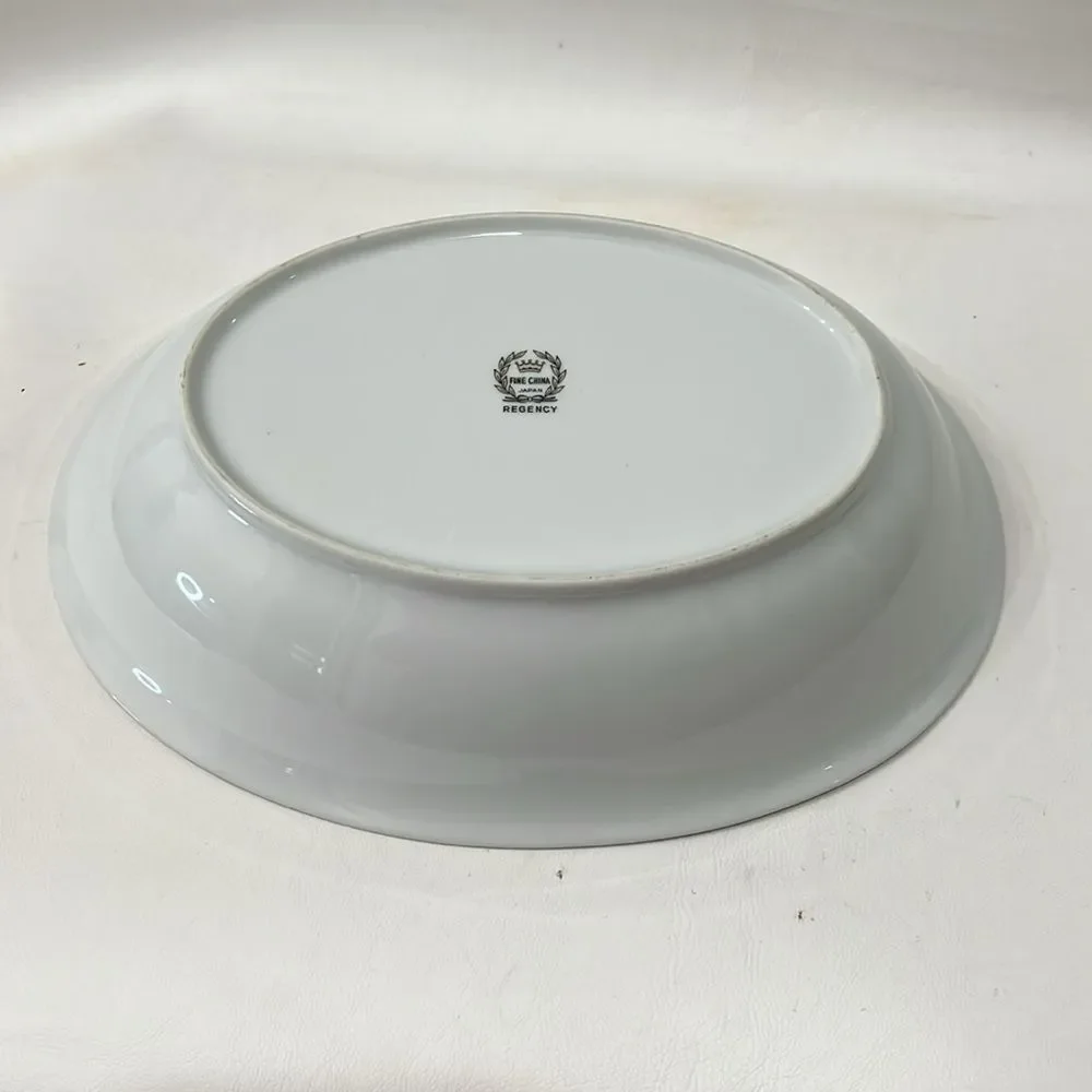 Regency Japan Oval Serving Bowl White Blue Pink Rose Silver 10 1/2 X 7 3/4 In